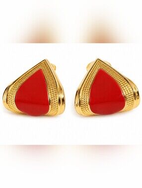 Vintage Gold Tone Red Triangle Trillion Stud Earrings Butterfly Back
